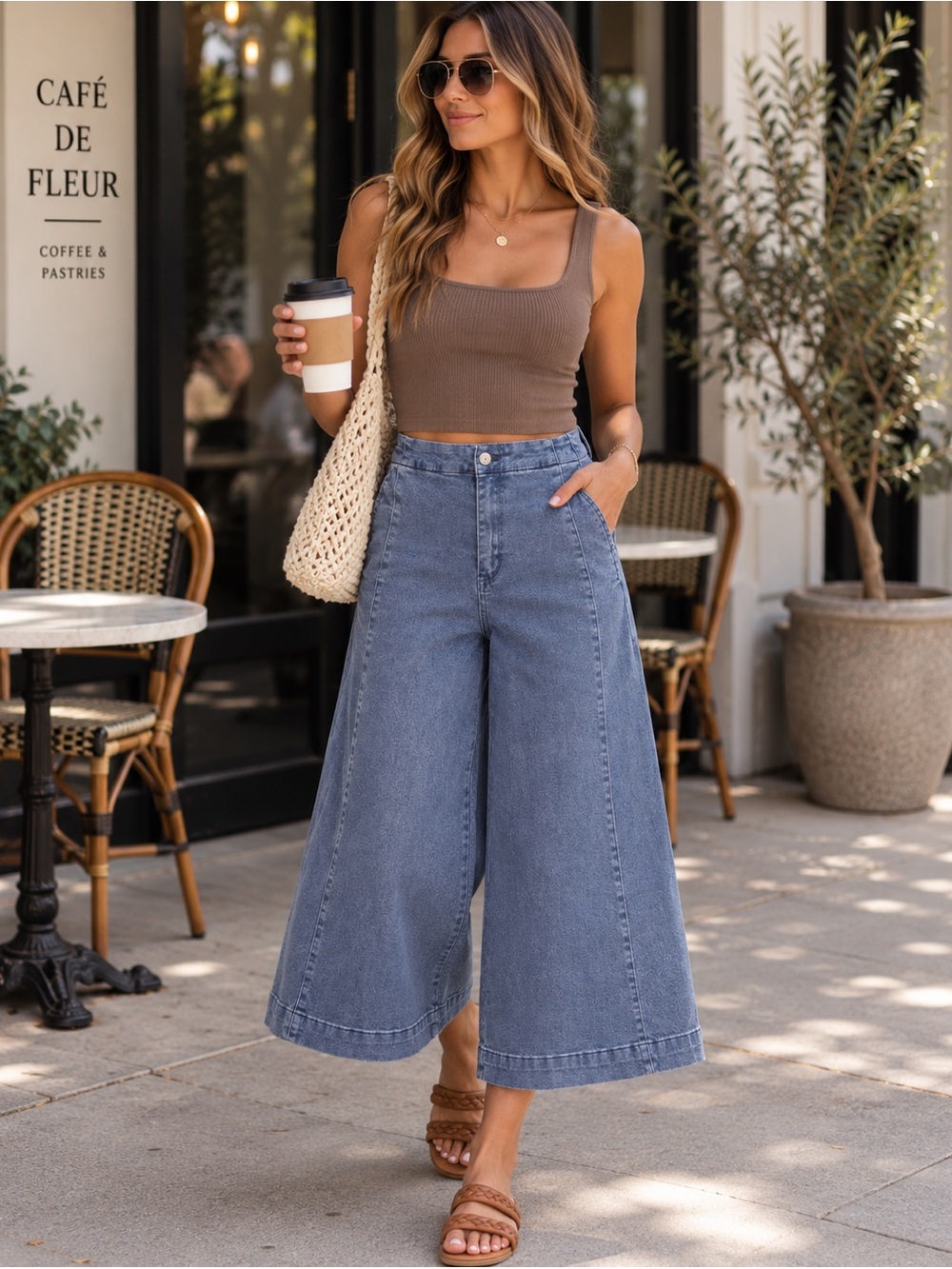 New Zenana High Rise Gaucho Relaxed Wide-Leg Crop Jeans in Cornflower Blue S-L